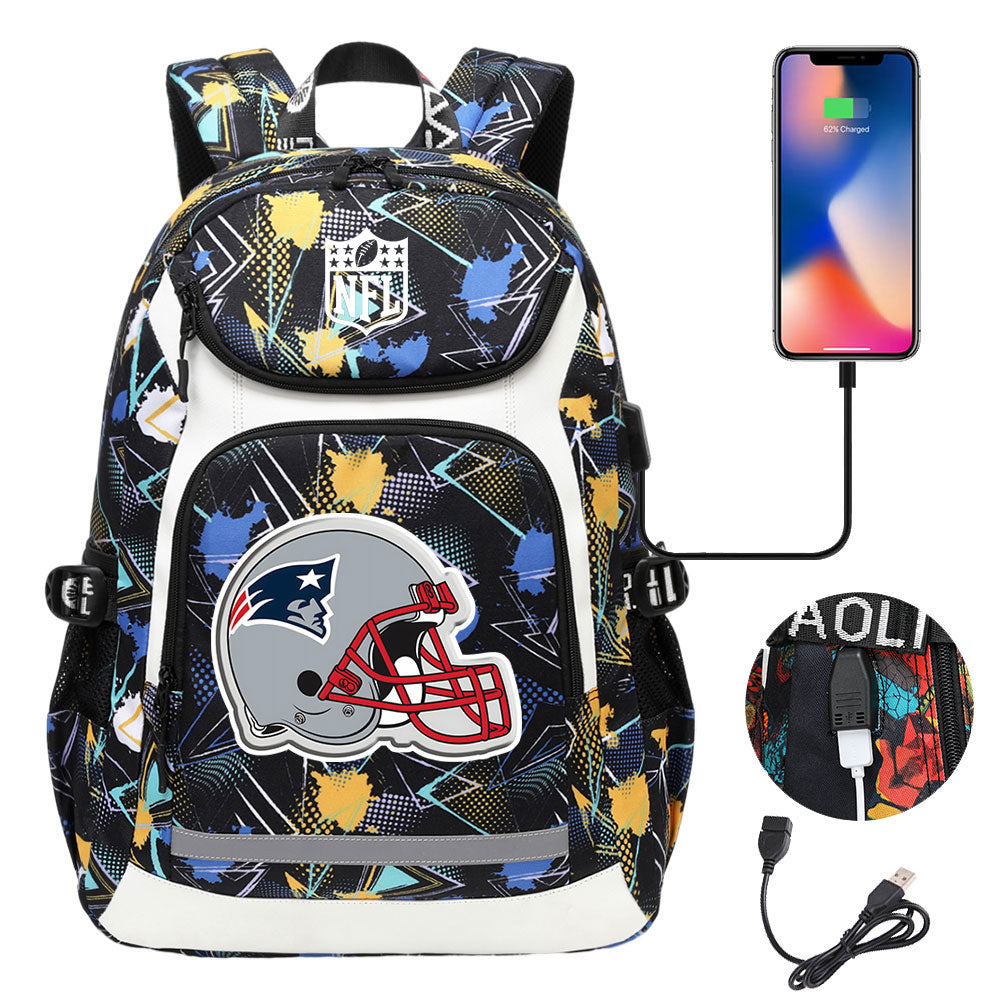 New England Patriots Football Rugby Backpack School Notebook Travel Bags With USB