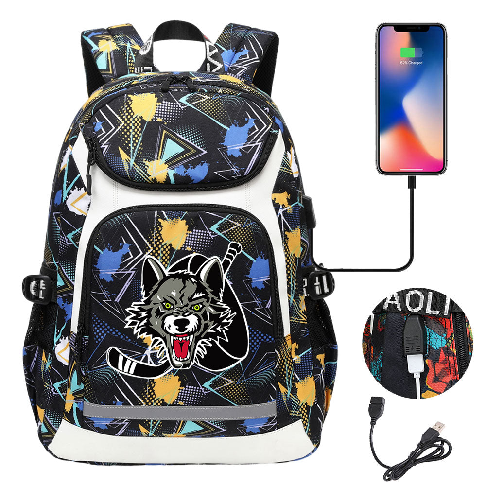 Chicago Wolves Hockey Backpack School Notebook Travel Bags With USB