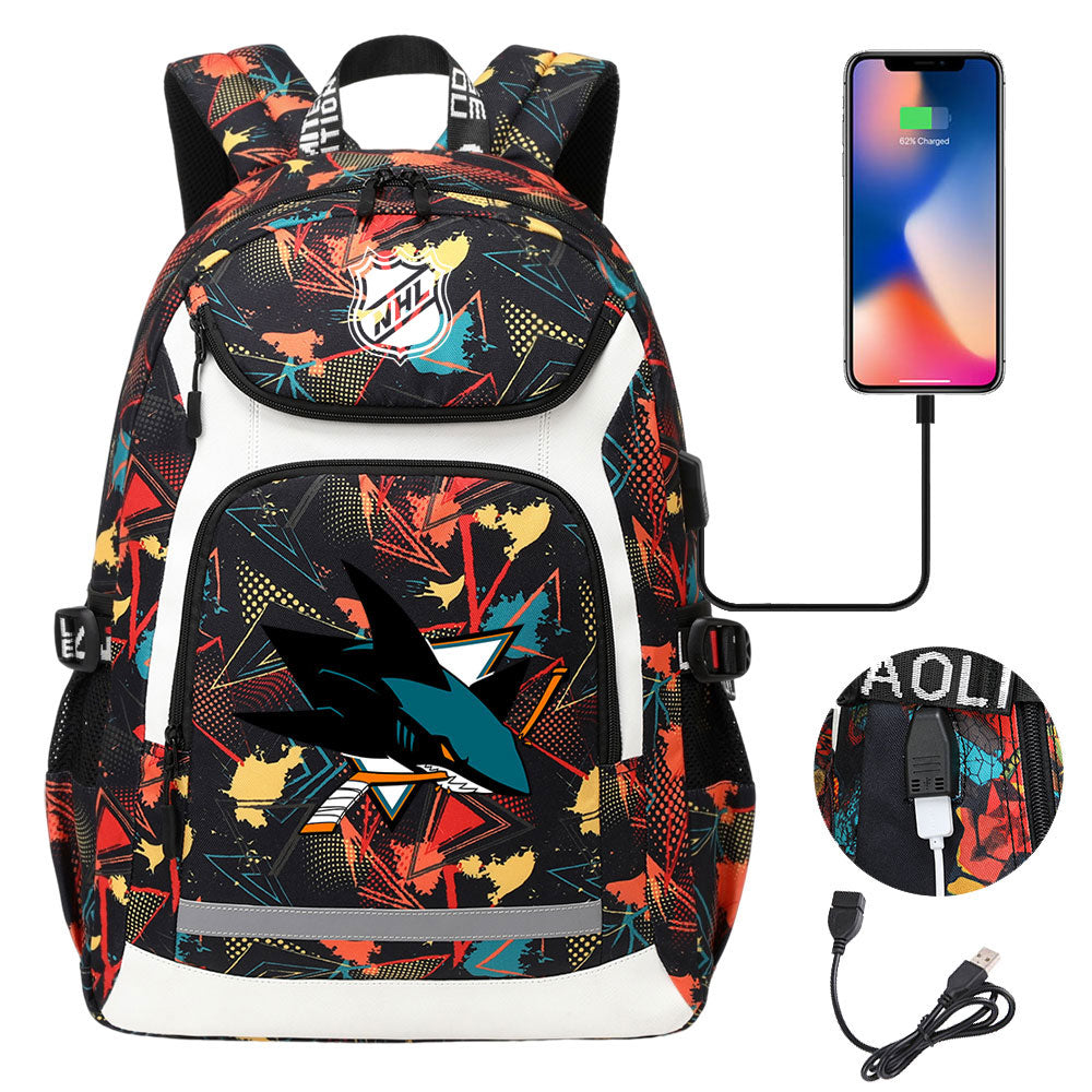San Jose Sharks Hockey League Backpack School Notebook Travel Bags With USB