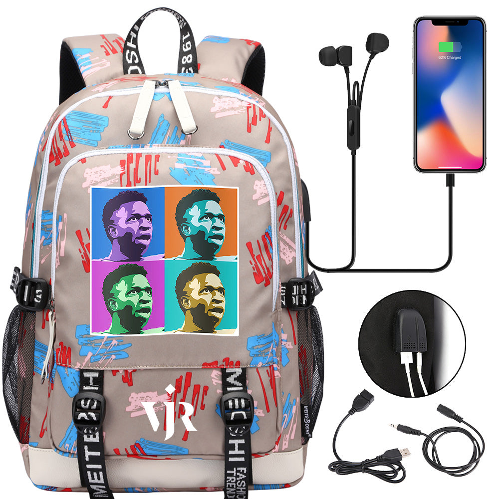 Vinicius Junior FC USB Charging Backpack School Note Book Laptop Travel Bags