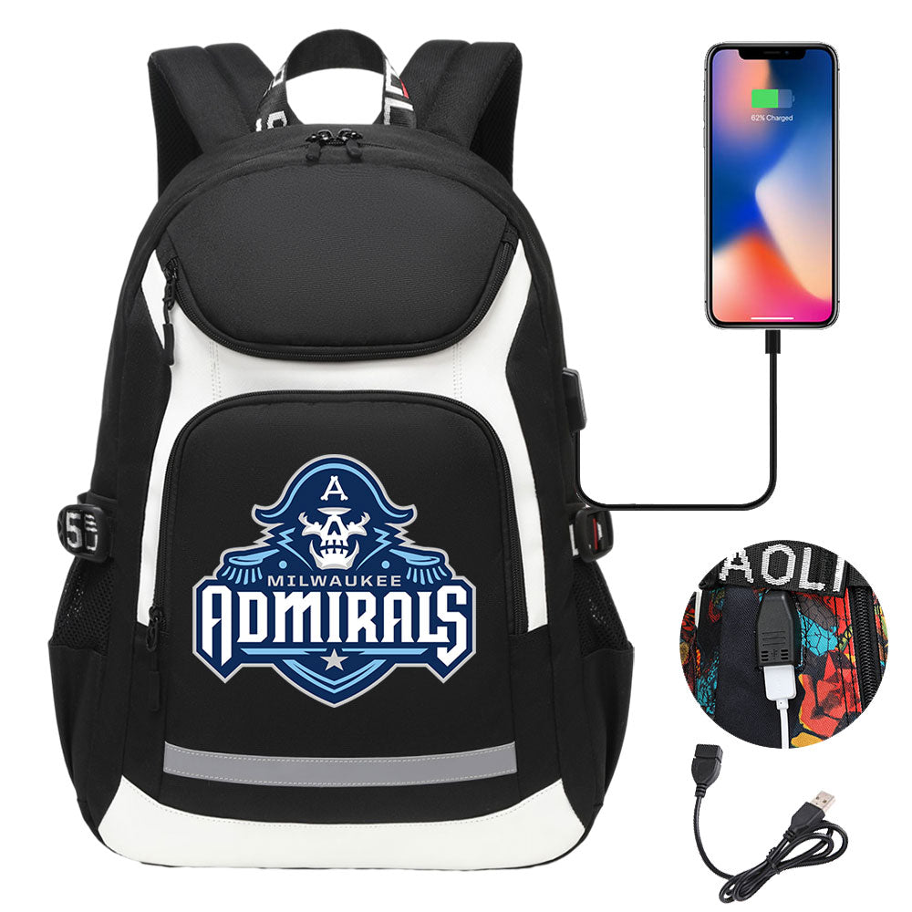Milwaukee Admirals Backpack School Notebook Travel Bags With USB