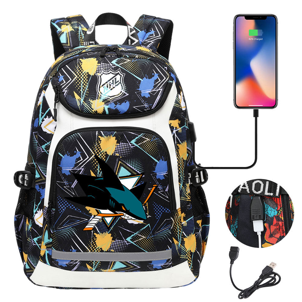 San Jose Sharks Hockey League Backpack School Notebook Travel Bags With USB