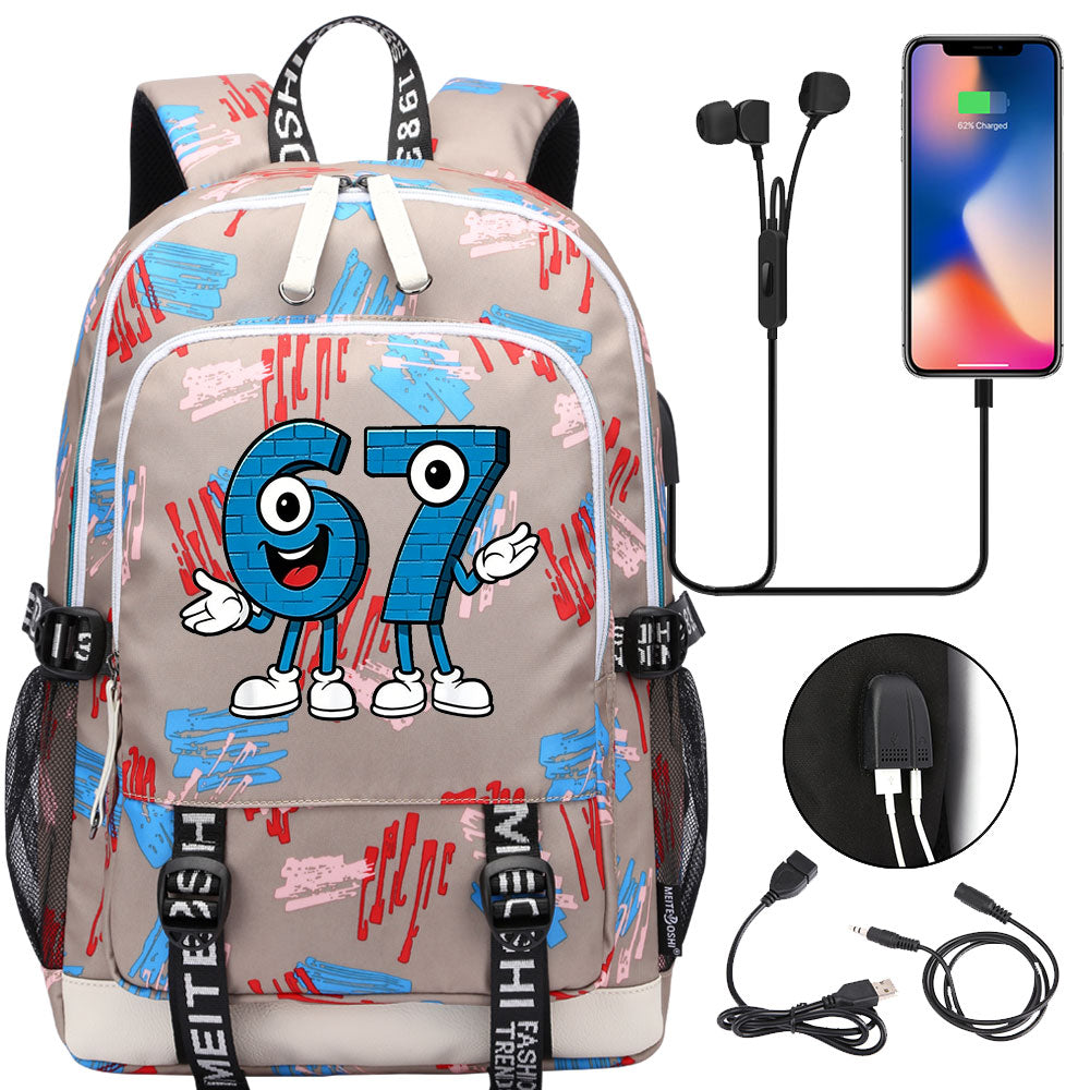 Steal a Brainrot 67 USB Charging Backpack School Note Book Laptop Travel Bags