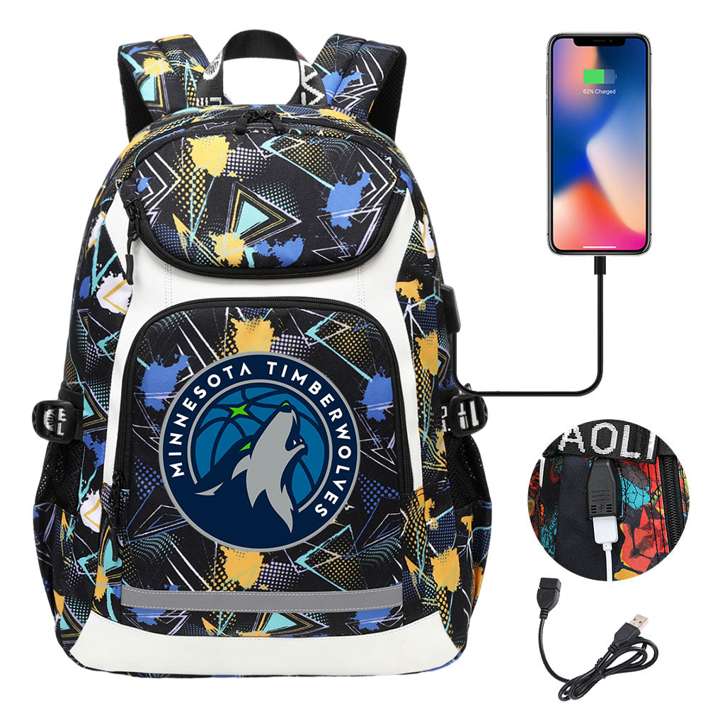 Minnesota Timberwolves Backpack School Notebook Travel Bags With USB