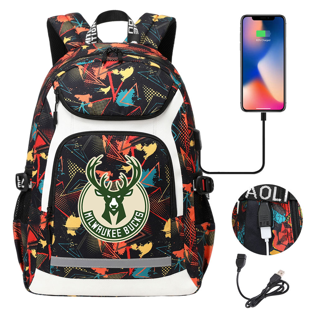 Milwaukee Bucks Backpack School Notebook Travel Bags With USB