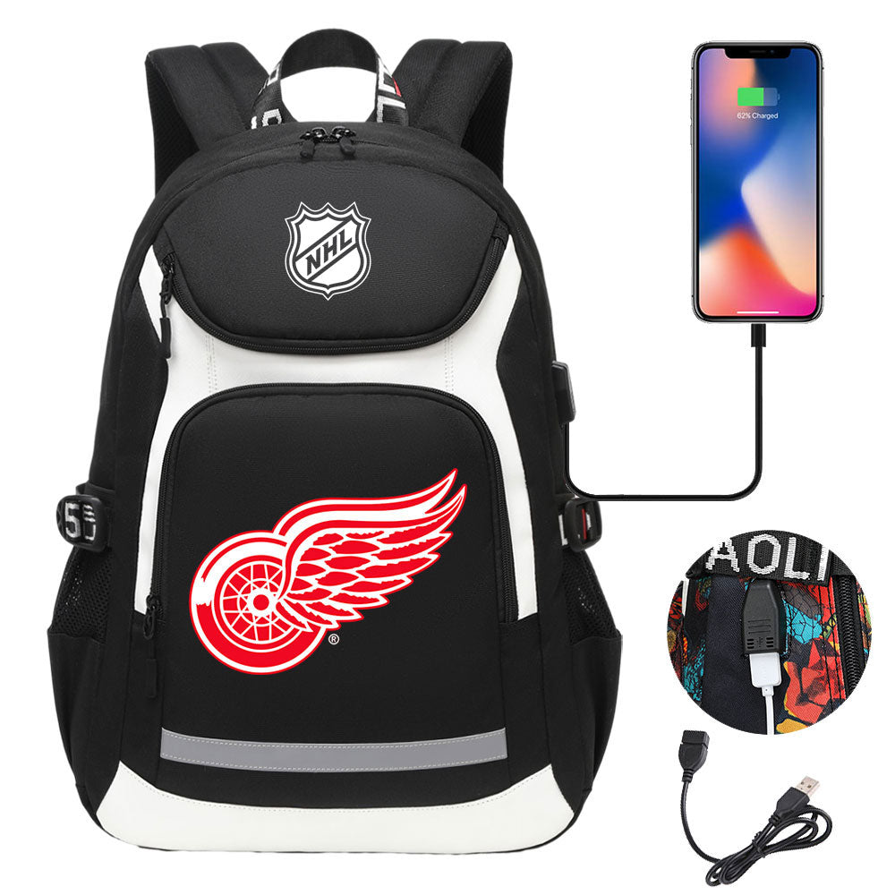Detroit Red Wings Hockey League Backpack School Notebook Travel Bags With USB