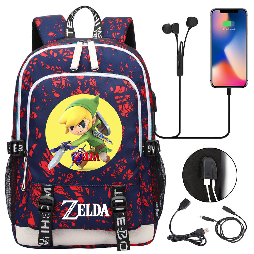 Zelda USB Charging Backpack School Note Book Laptop Travel Bags