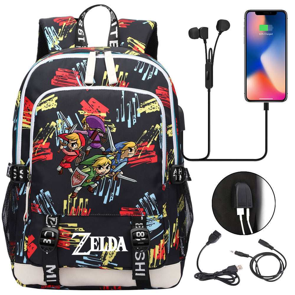 Zelda USB Charging Backpack School Note Book Laptop Travel Bags