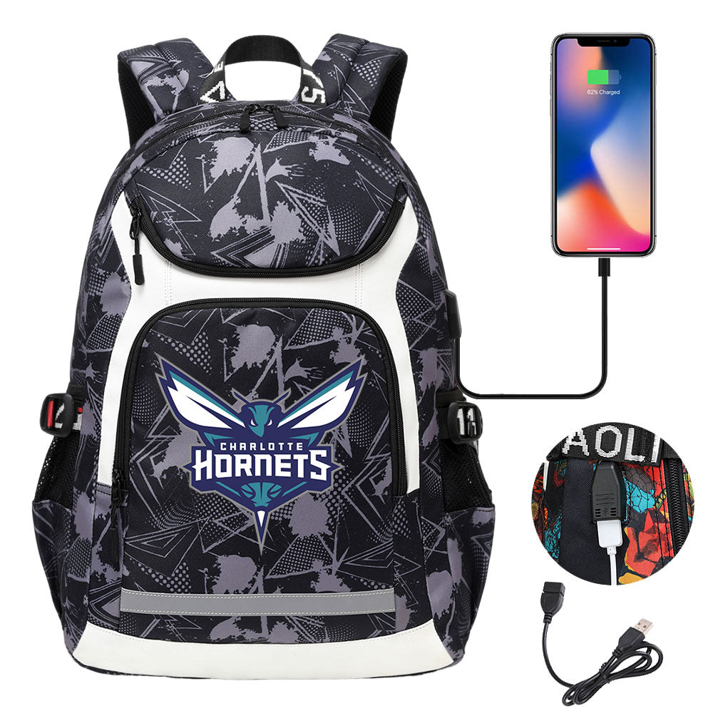 Charlotte Hornets Backpack School Notebook Travel Bags With USB