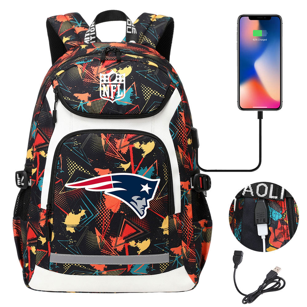 New England Patriots Football Rugby Backpack School Notebook Travel Bags With USB