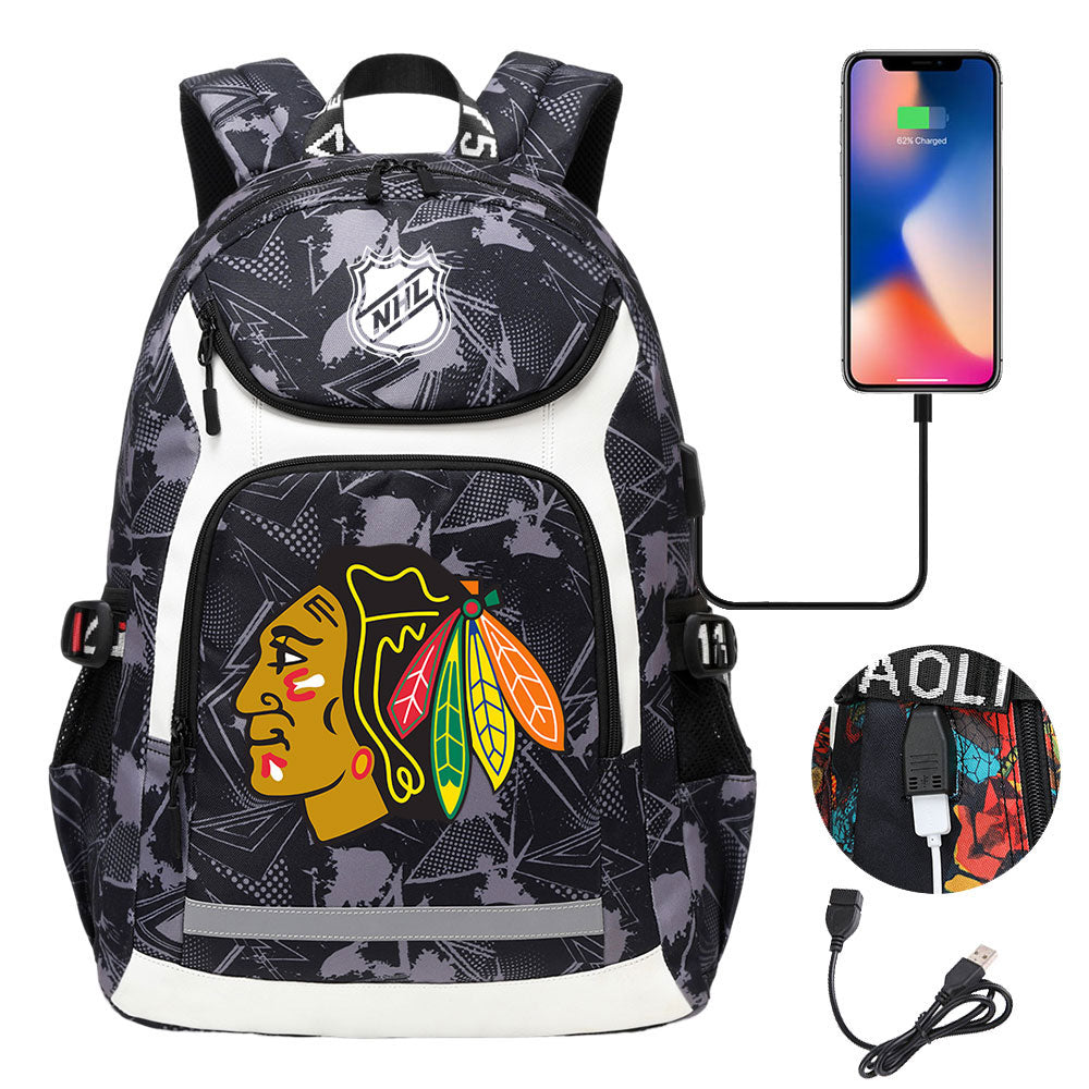 Chicago Blackhawks Hockey League Backpack School Notebook Travel Bags With USB