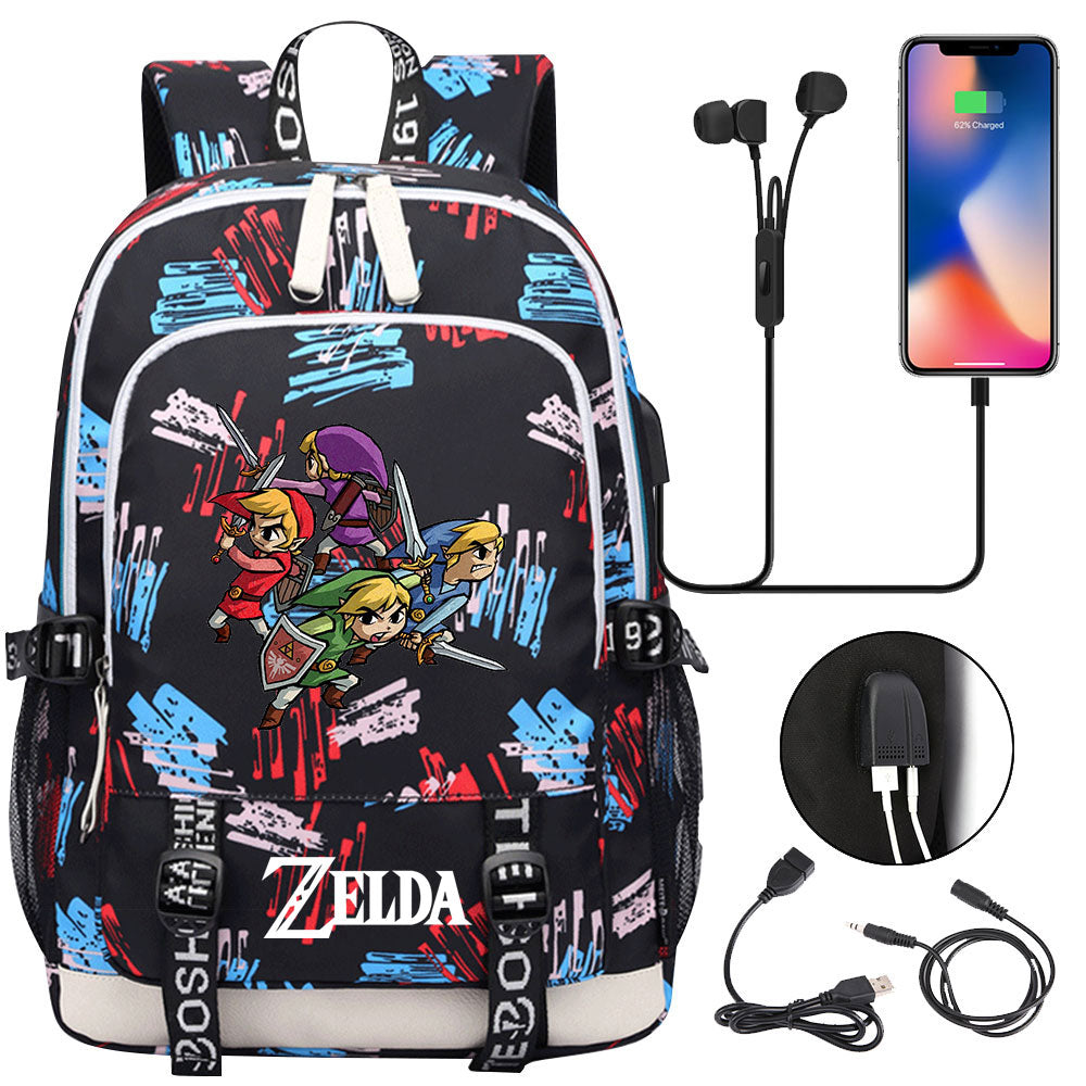 Zelda USB Charging Backpack School Note Book Laptop Travel Bags