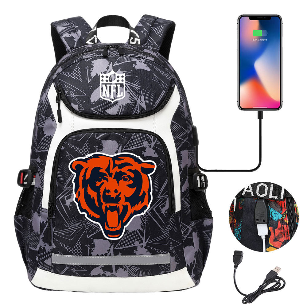 Chicago Bears Football Rugby Backpack School Notebook Travel Bags With USB
