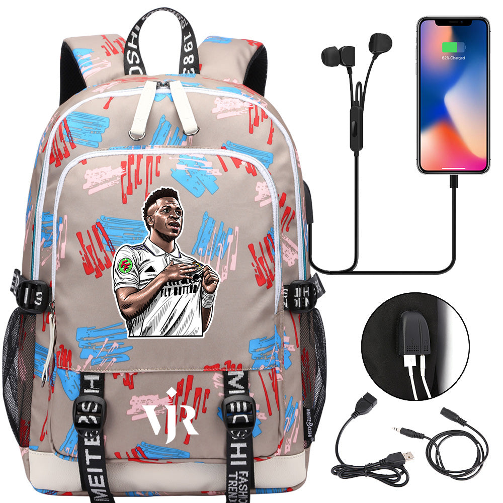 Vinicius Junior FC USB Charging Backpack School Note Book Laptop Travel Bags