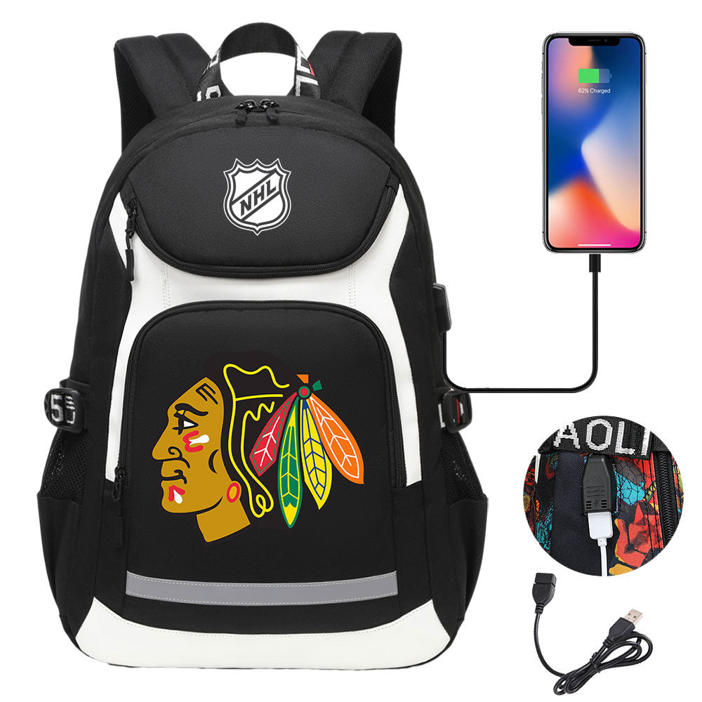 Chicago Blackhawks Hockey League Backpack School Notebook Travel Bags With USB