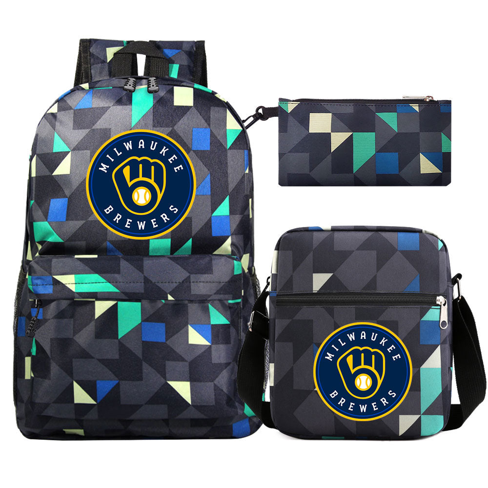 Milwaukee Brewers Baseball School Backpack Shoulder Bag Pencil Bags 3pcs Set
