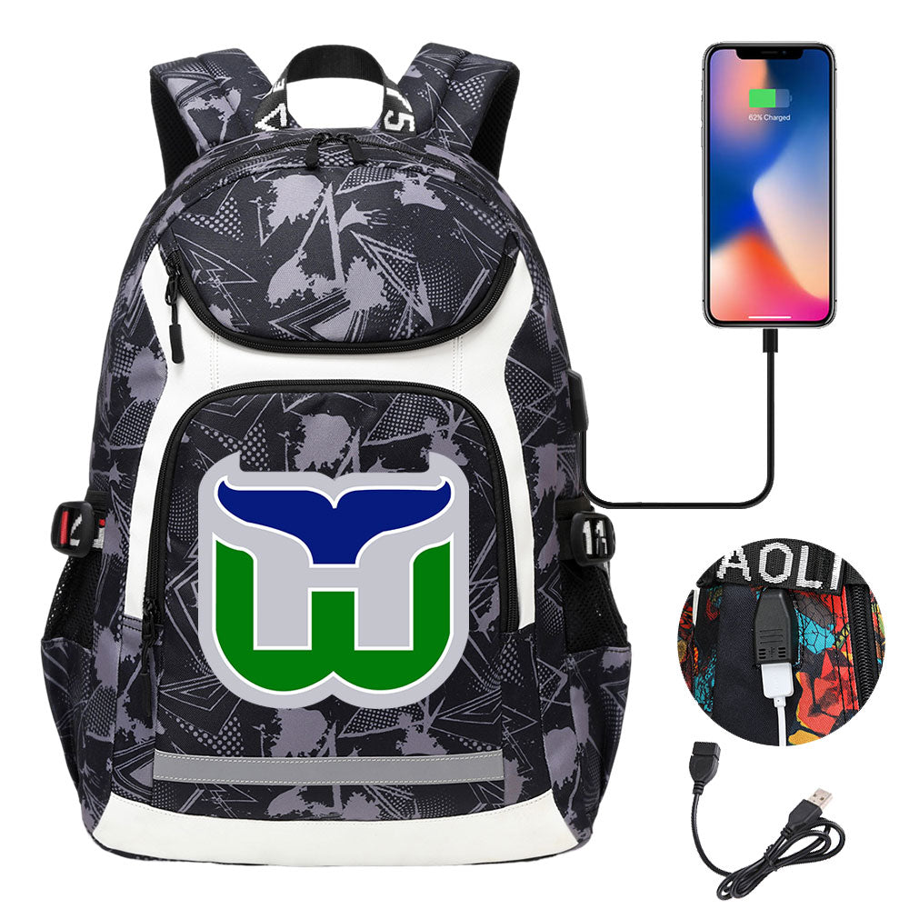 Hartford Whalers Hockey Backpack School Notebook Travel Bags With USB