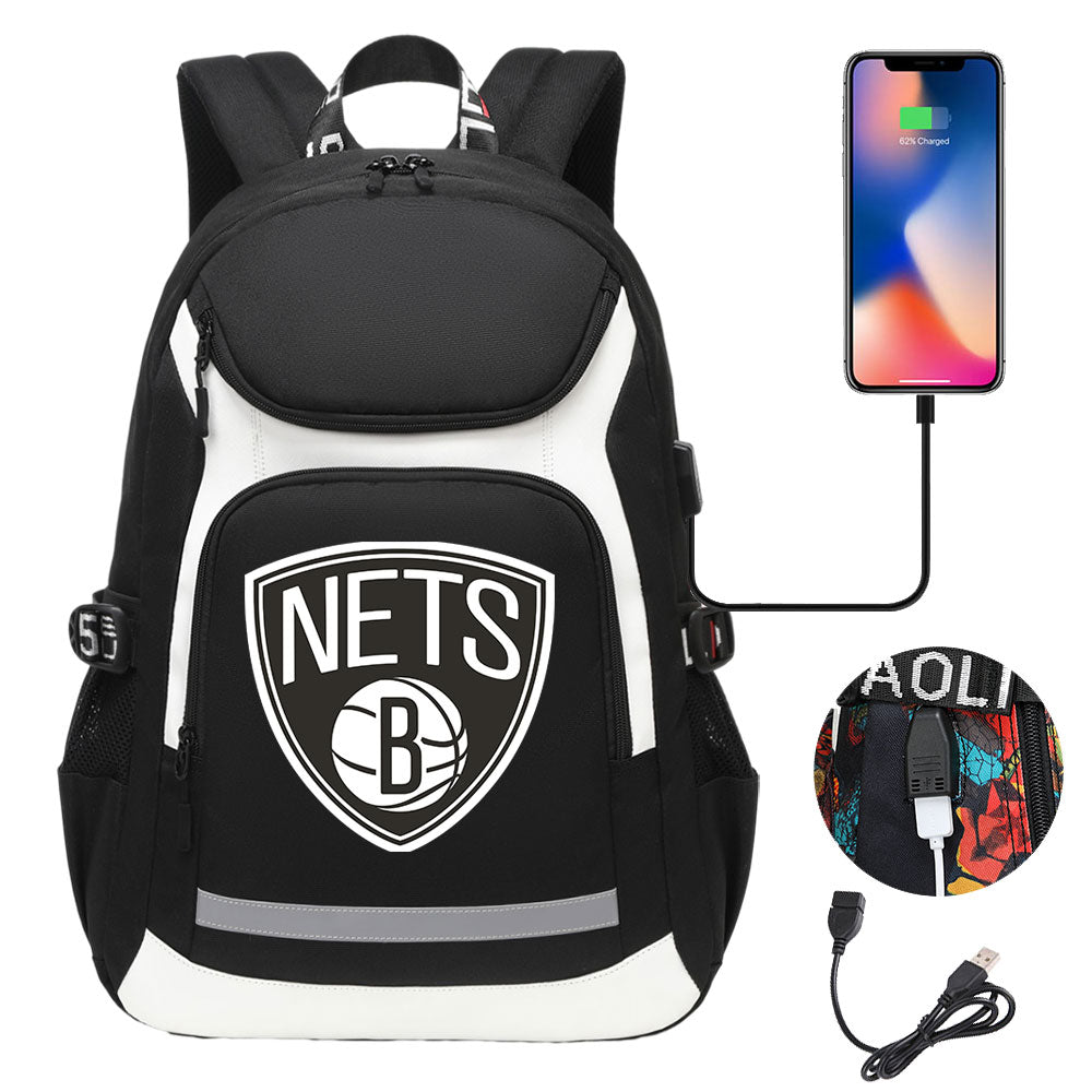 Brooklyn Nets Backpack School Notebook Travel Bags With USB