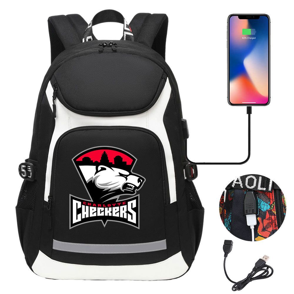 Charlotte Checkers Hockey Backpack School Notebook Travel Bags With USB