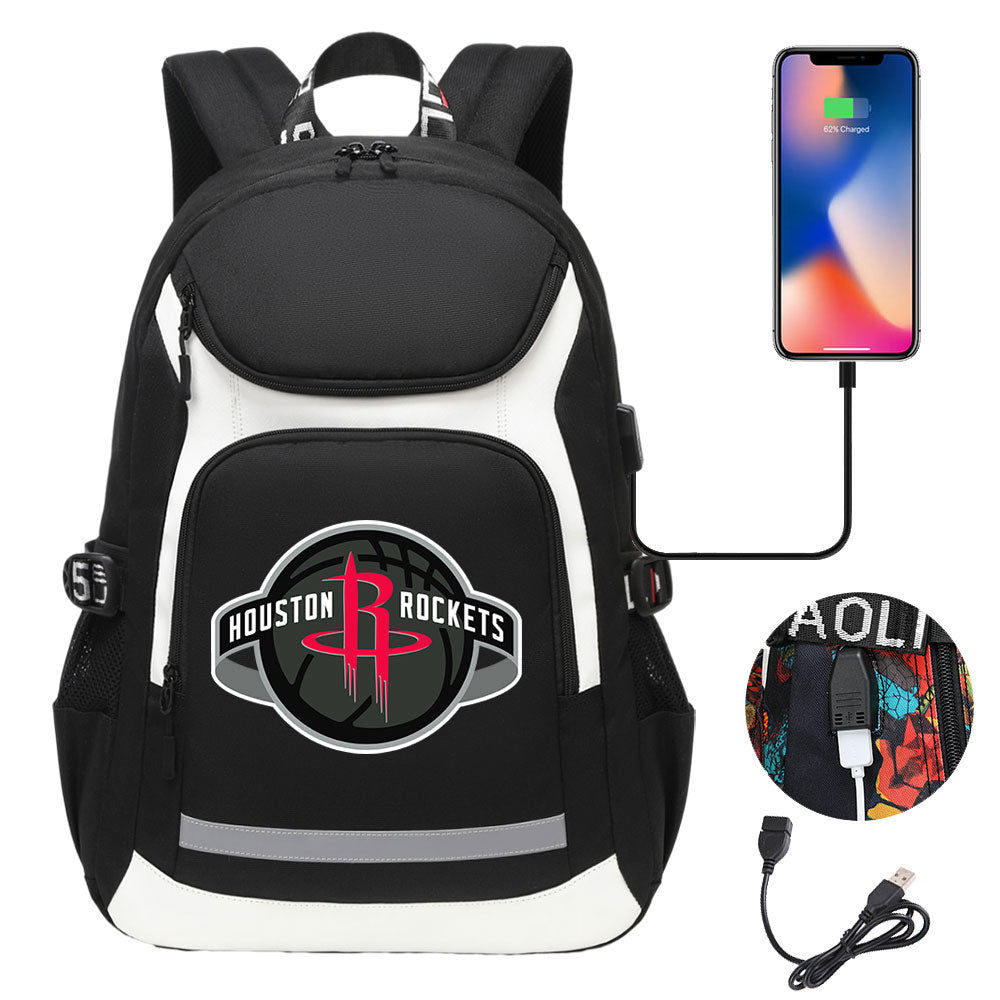 Houston Rockets Backpack School Notebook Travel Bags With USB