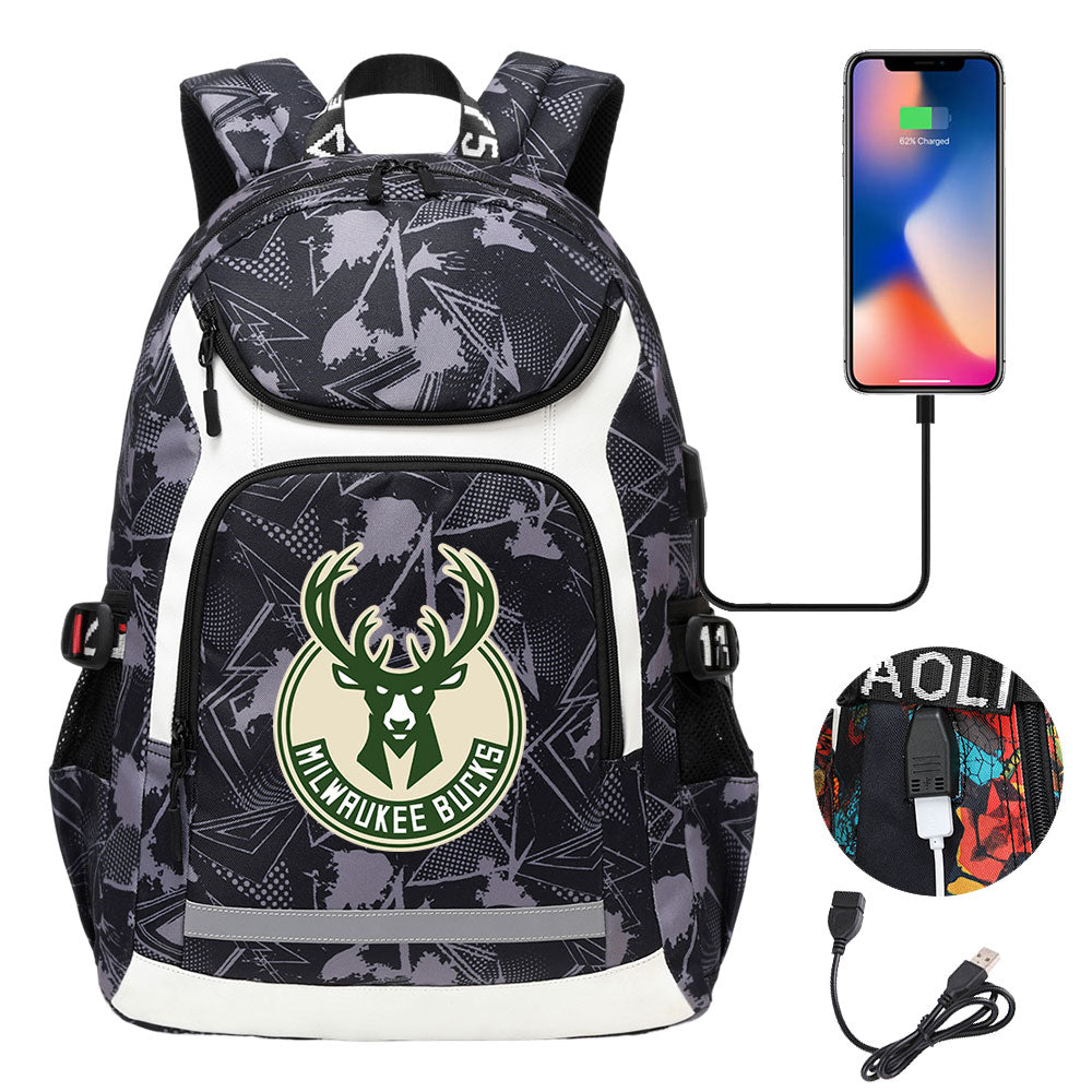 Milwaukee Bucks Backpack School Notebook Travel Bags With USB