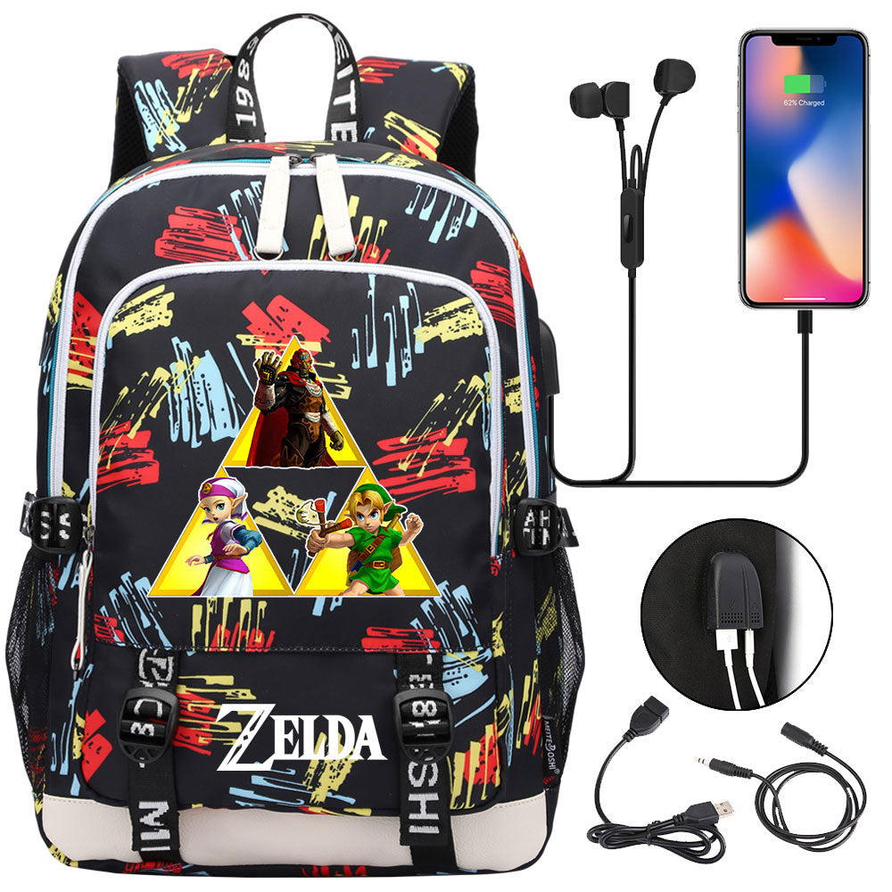 Zelda USB Charging Backpack School Note Book Laptop Travel Bags
