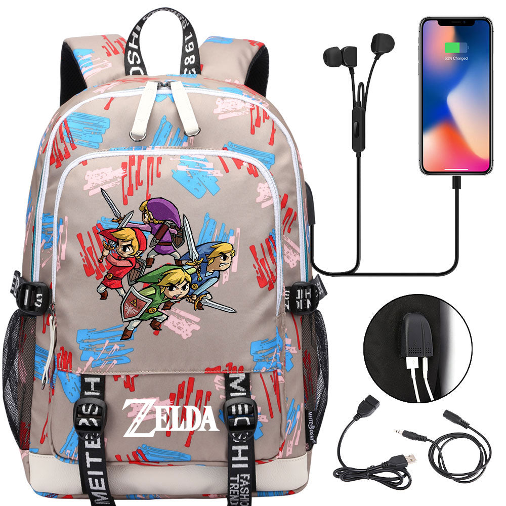 Zelda USB Charging Backpack School Note Book Laptop Travel Bags