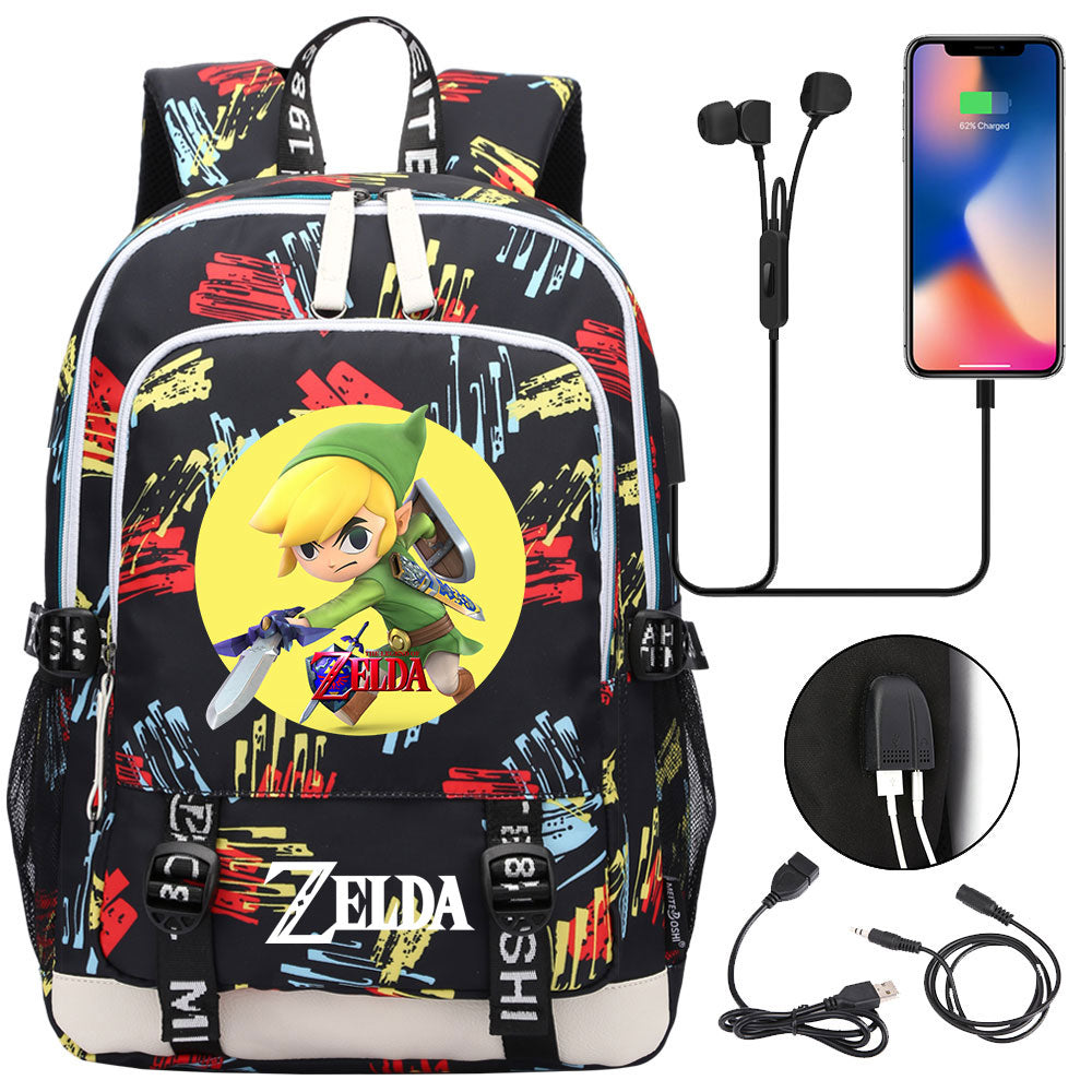 Zelda USB Charging Backpack School Note Book Laptop Travel Bags
