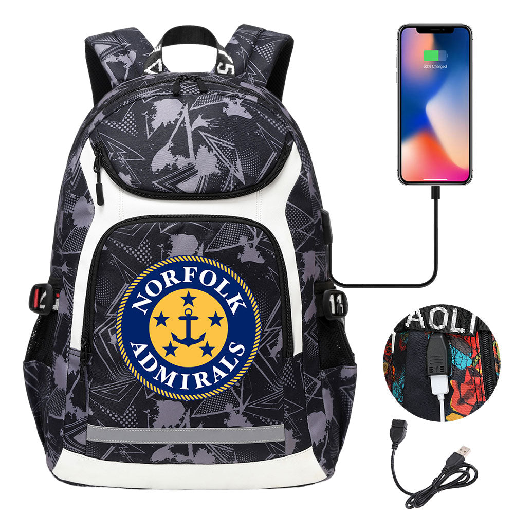 Norfolk Admirals Backpack School Notebook Travel Bags With USB