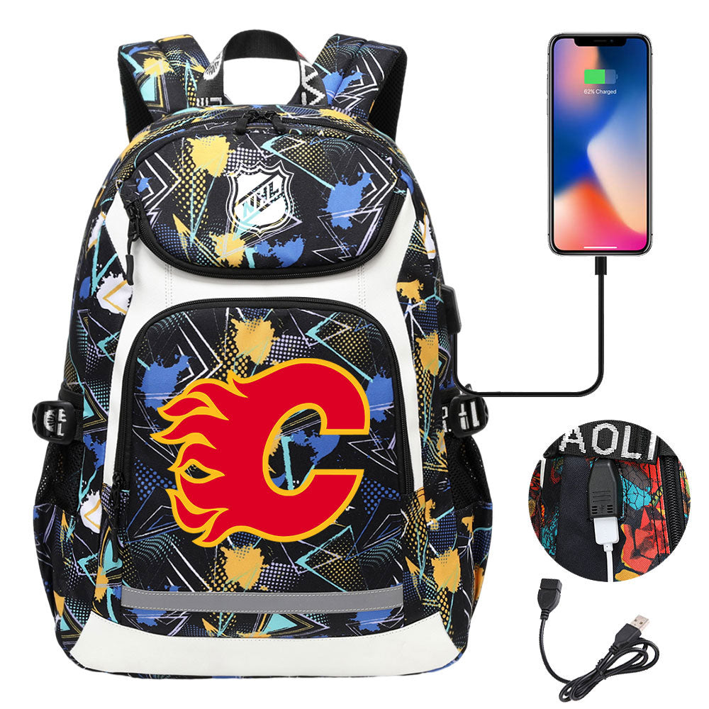 Calgary Flames Hockey League Backpack School Notebook Travel Bags With USB