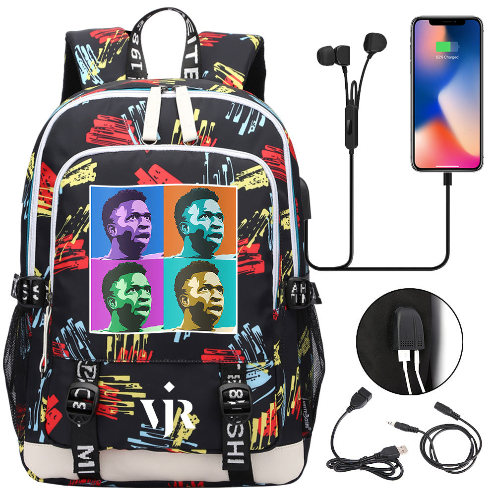 Vinicius Junior FC USB Charging Backpack School Note Book Laptop Travel Bags