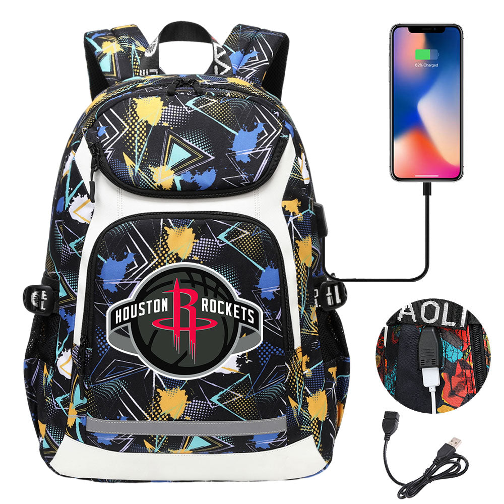Houston Rockets Backpack School Notebook Travel Bags With USB