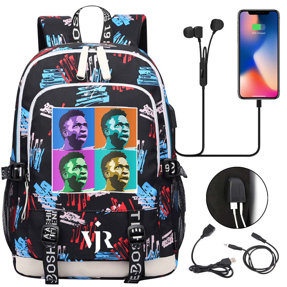 Vinicius Junior FC USB Charging Backpack School Note Book Laptop Travel Bags