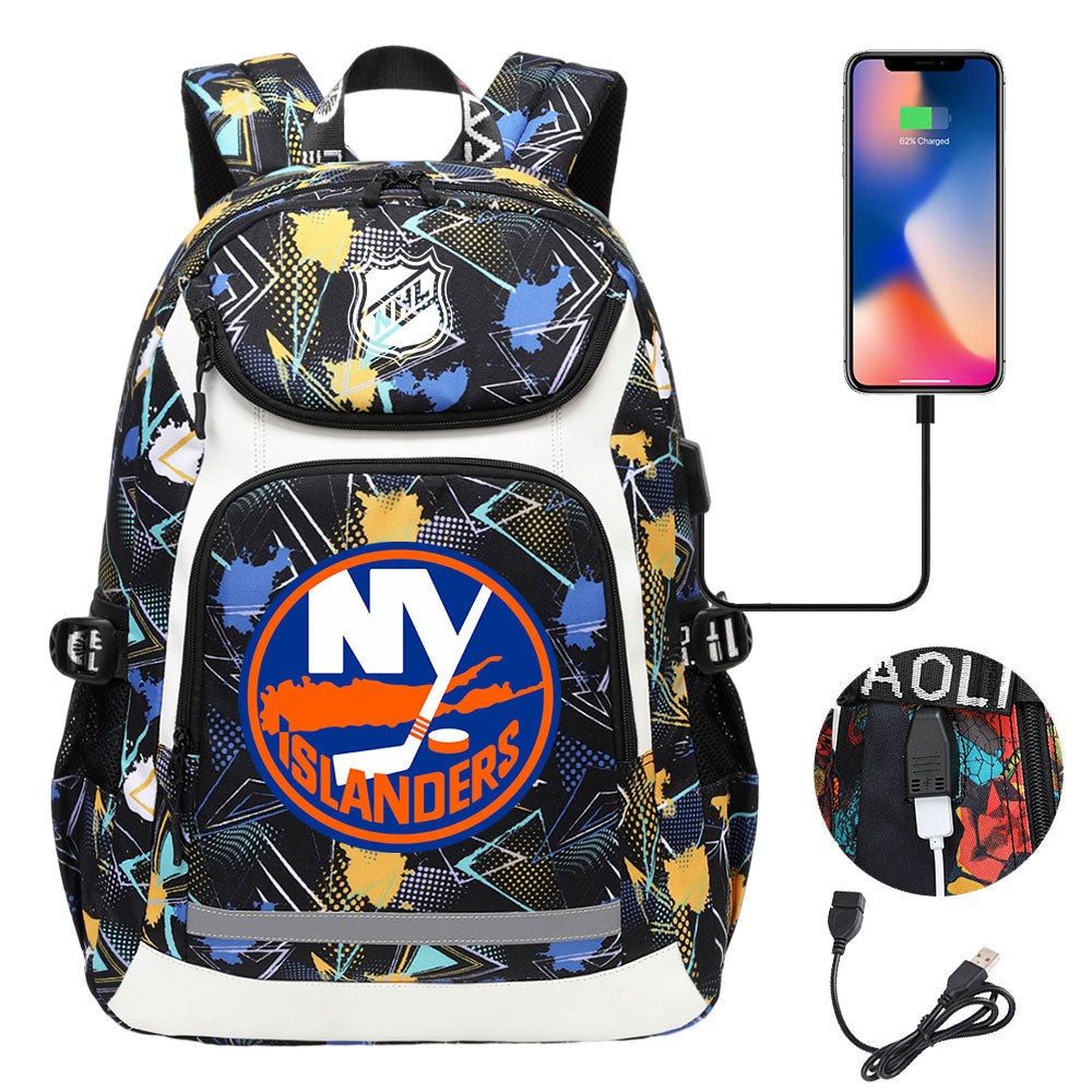 New York Islanders Hockey League Backpack School Notebook Travel Bags With USB