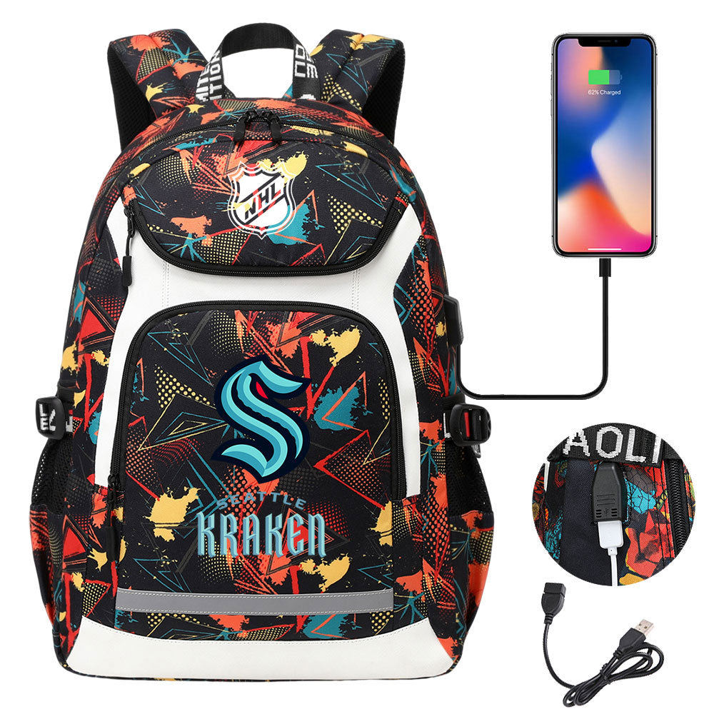 Seattle Kraken Hockey League Backpack School Notebook Travel Bags With USB
