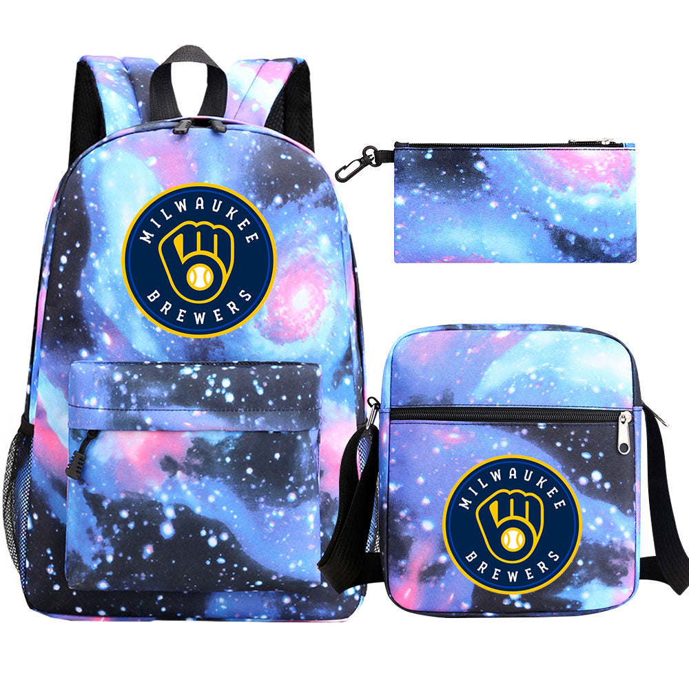Milwaukee Brewers Baseball School Backpack Shoulder Bag Pencil Bags 3pcs Set