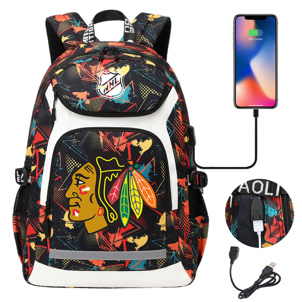 Chicago Blackhawks Hockey League Backpack School Notebook Travel Bags With USB