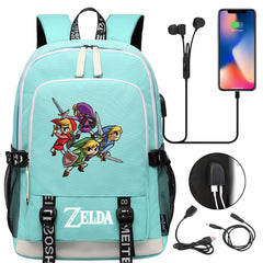 Zelda USB Charging Backpack School Note Book Laptop Travel Bags