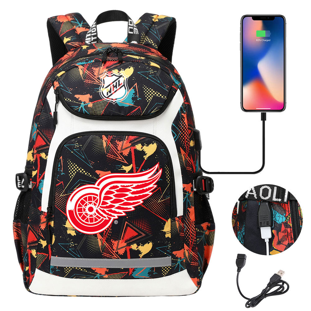 Detroit Red Wings Hockey League Backpack School Notebook Travel Bags With USB