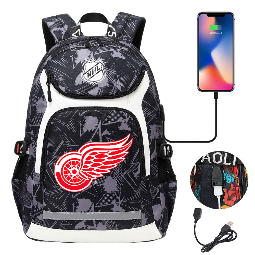 Detroit Red Wings Hockey League Backpack School Notebook Travel Bags With USB
