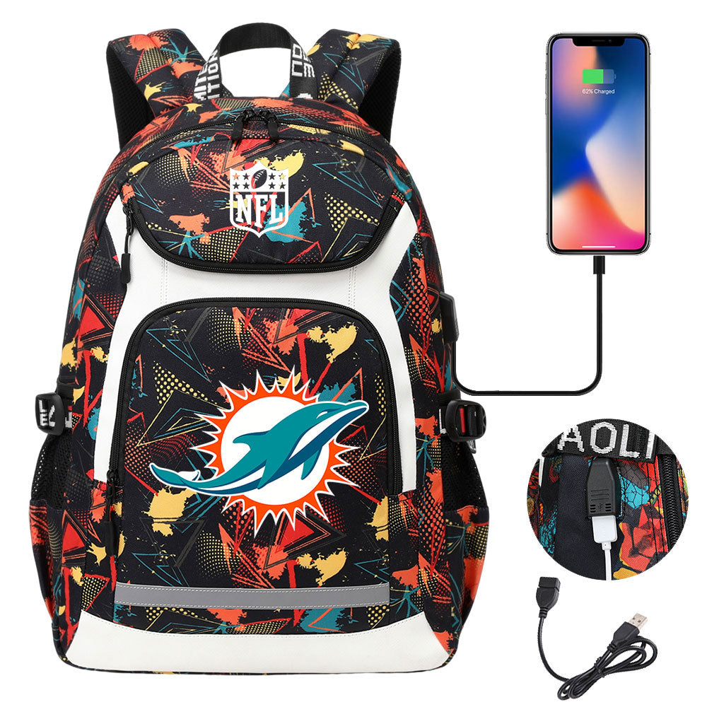 Miami Dolphins Football Rugby Backpack School Notebook Travel Bags With USB