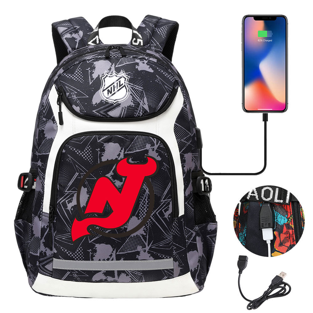 New Jersey Devils Hockey League Backpack School Notebook Travel Bags With USB