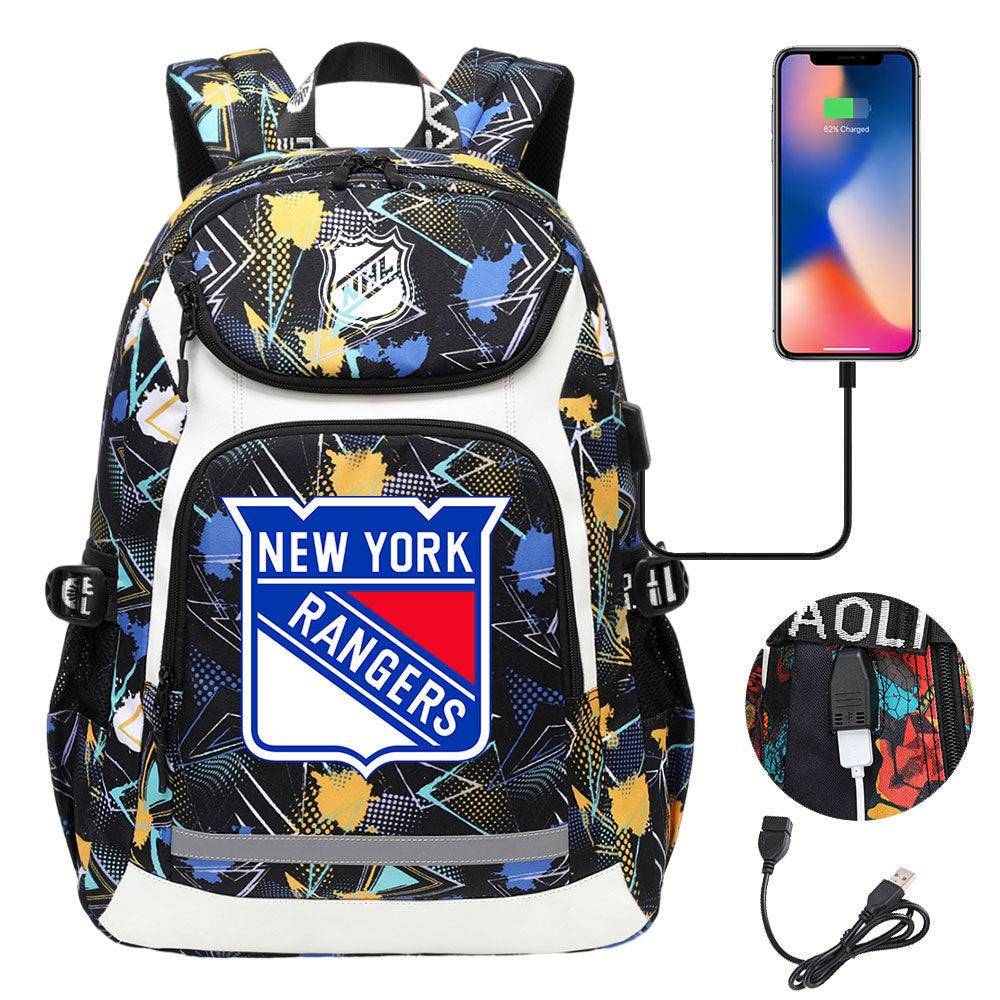 New York Rangers Hockey League Backpack School Notebook Travel Bags With USB