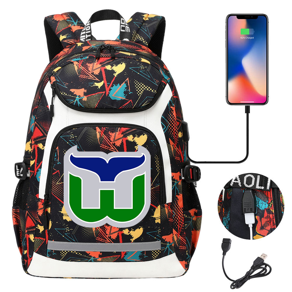Hartford Whalers Hockey Backpack School Notebook Travel Bags With USB