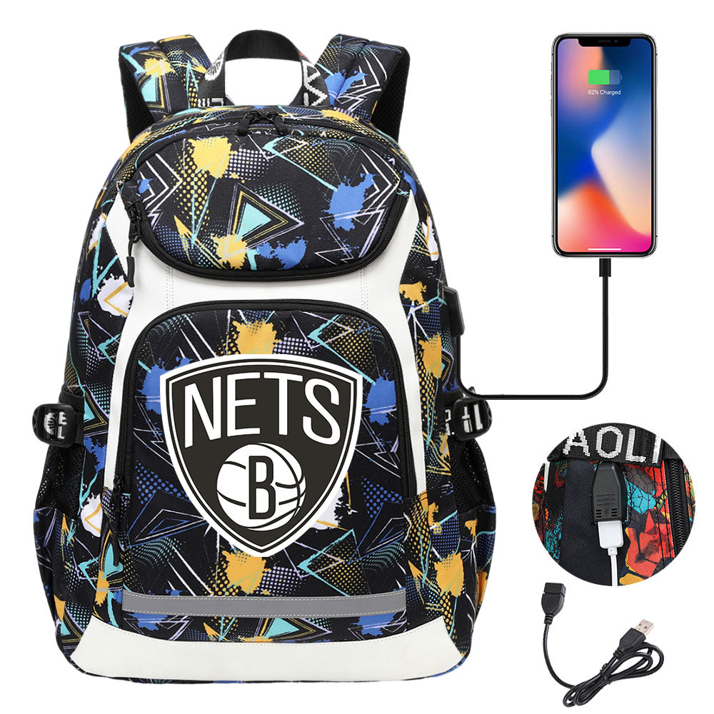 Brooklyn Nets Backpack School Notebook Travel Bags With USB