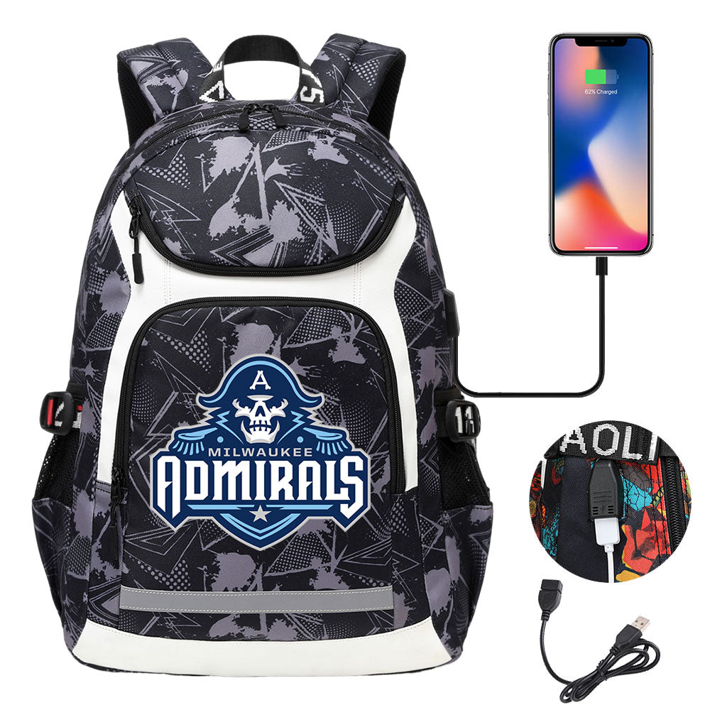 Milwaukee Admirals Backpack School Notebook Travel Bags With USB