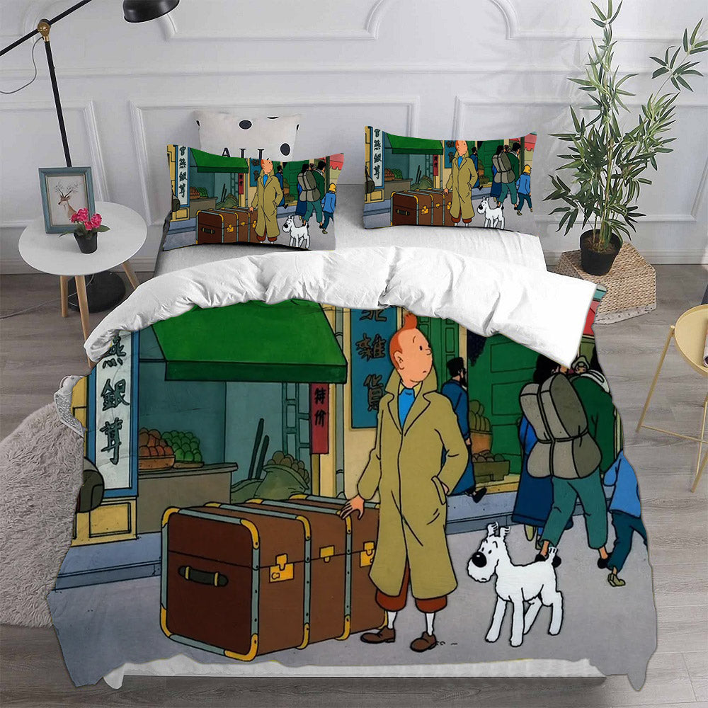 The Adventures of Tintin Cosplay Bedding Set Duvet Cover Pillowcases Halloween Home Decor