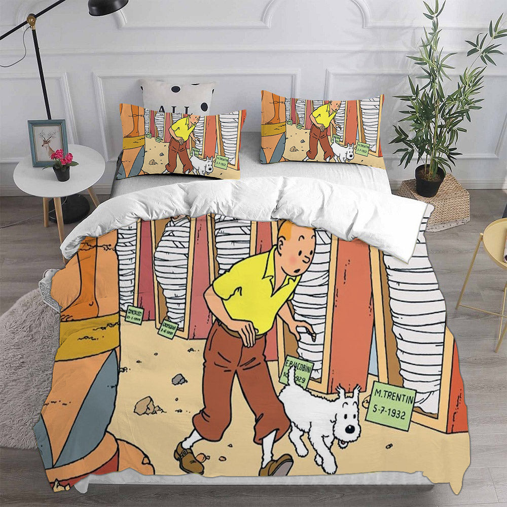 The Adventures of Tintin Cosplay Bedding Set Duvet Cover Pillowcases Halloween Home Decor