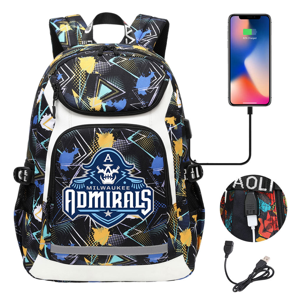 Milwaukee Admirals Backpack School Notebook Travel Bags With USB