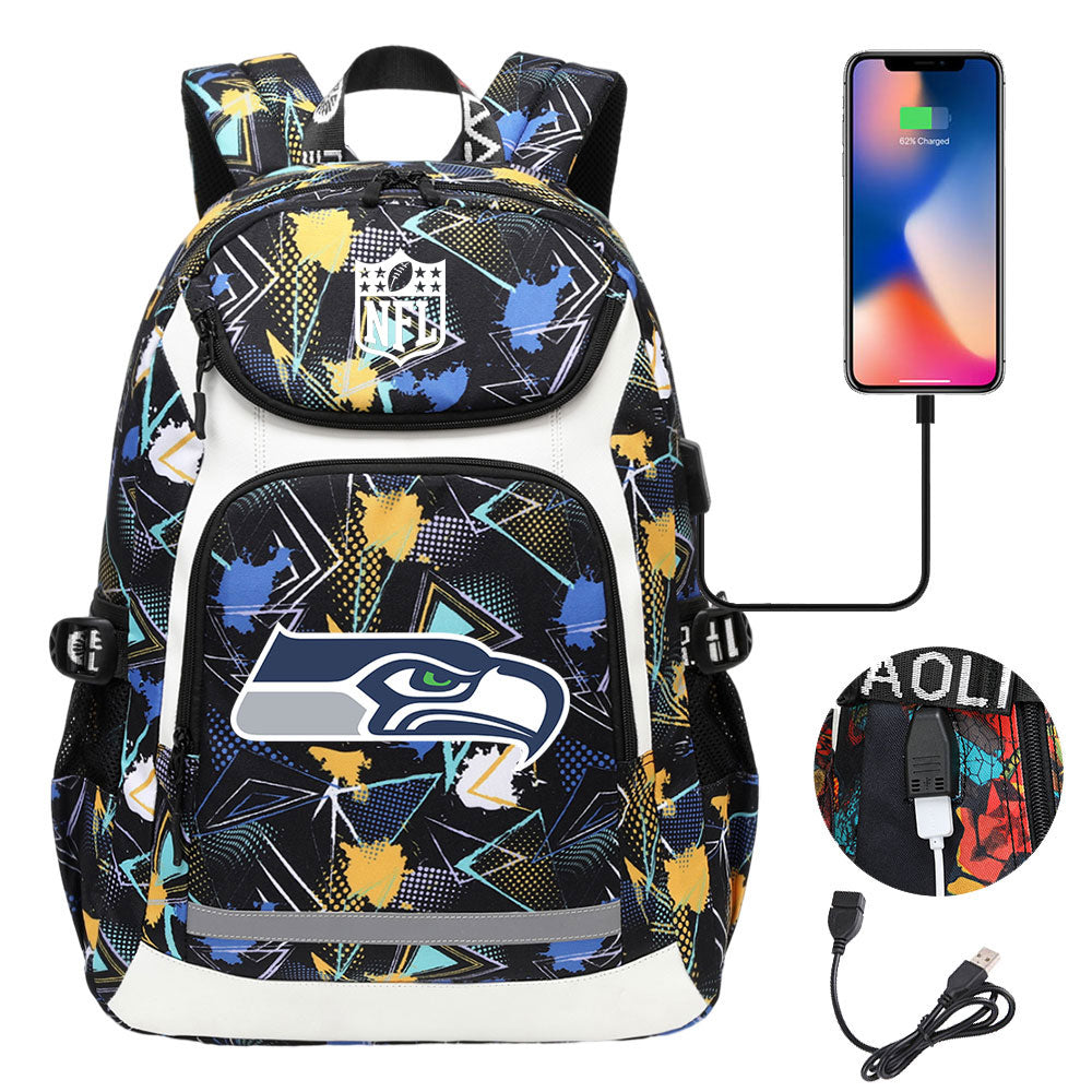 Seattle Seahawks Football Rugby Backpack School Notebook Travel Bags With USB